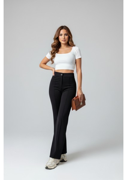 Kadın Toparlayıcı Çıma Detaylı Yüksek Bel Scuba Krep Palazzo Pantolon - Siyah