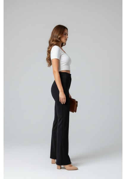 Kadın Toparlayıcı Çıma Detaylı Yüksek Bel Scuba Krep Palazzo Pantolon - Siyah modelleri