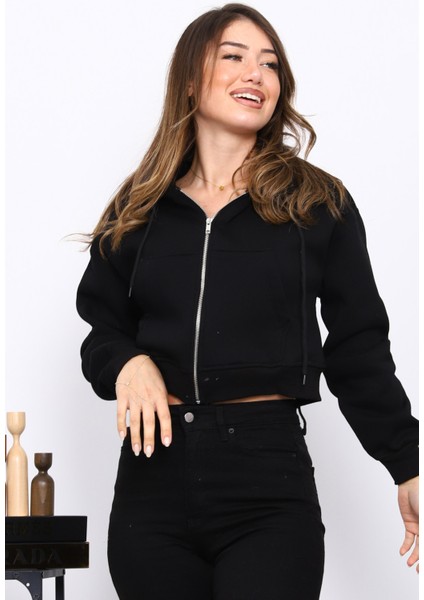 Siyah Kısa Kanguru Cepli Fermuarlı Üç Iplik Sweat Hırka