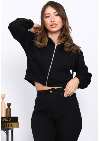 Siyah Kısa Kanguru Cepli Fermuarlı Üç Iplik Sweat Hırka modelleri