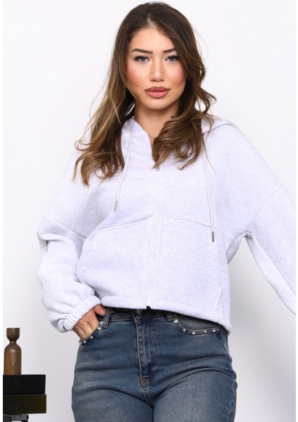 Açık Gri Sağ Kol Fermuarlı Cepli Üç Iplik Sweat Hırka