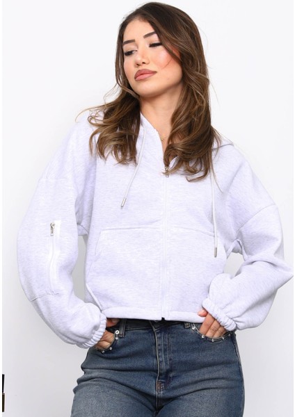Açık Gri Sağ Kol Fermuarlı Cepli Üç Iplik Sweat Hırka modelleri