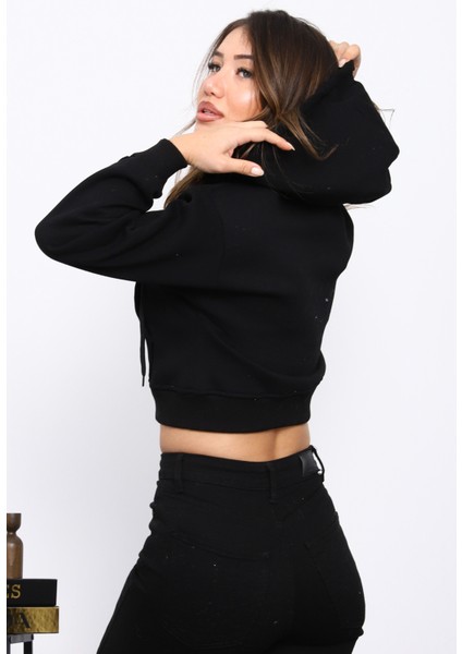 Siyah Kısa Kanguru Cepli Fermuarlı Üç Iplik Sweat Hırka fırsatları