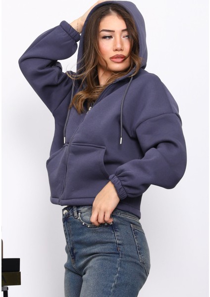 Füme Sağ Kol Fermuarlı Cepli Üç Iplik Sweat Hırka