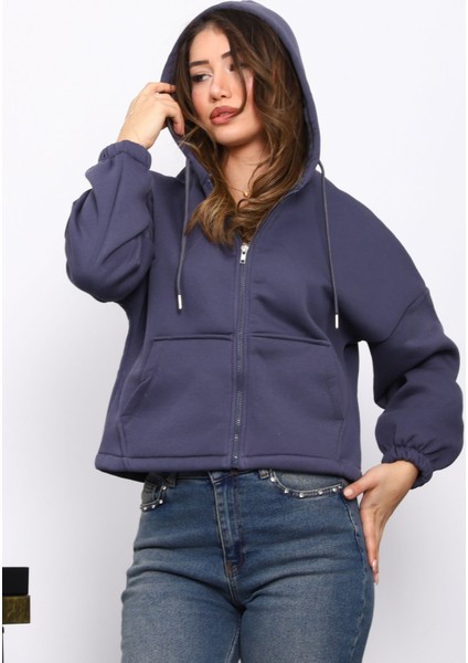 Füme Sağ Kol Fermuarlı Cepli Üç Iplik Sweat Hırka modelleri