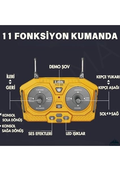 2.4ghz Uzaktan Kumandalı Şarjlı Işıklı Metal Alaşım Paletli Hareketli Kepçe Rc Ekskavatör