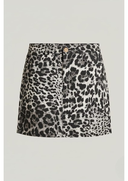 Kadın Leopar Desenli Denim Mini Kot Etek