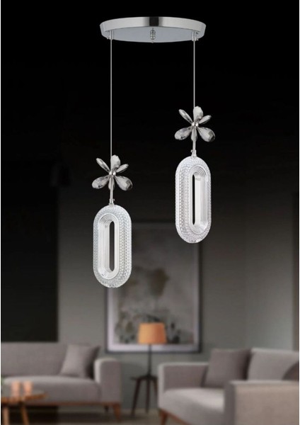 2'li Krom Kaplama Sarkıt LED Salon Avize 3 Renk Ledli