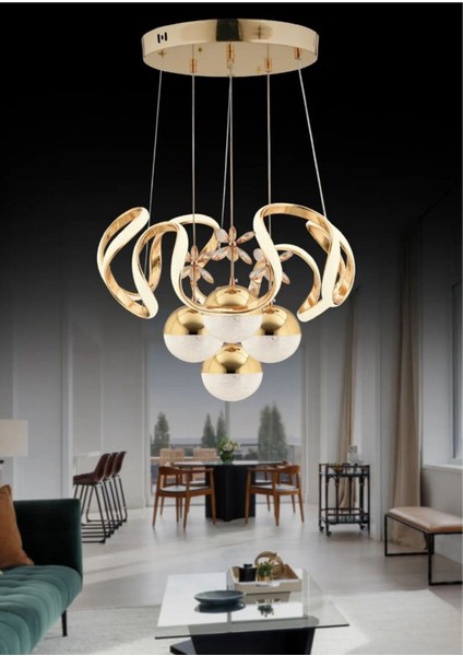 Kumandalı 3 Renk Işık Özellikli 4 Toplu Modern Gold Kaplama Sarkıt LED Avize Salon Avize modelleri