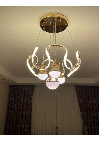 Kumandalı 3 Renk Işık Özellikli 4 Toplu Modern Gold Kaplama Sarkıt LED Avize Salon Avize indirimleri