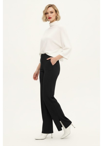 Siyah Krep Kumaş Yüksek Bel Bol Paça Kadın Pantolon fiyatları