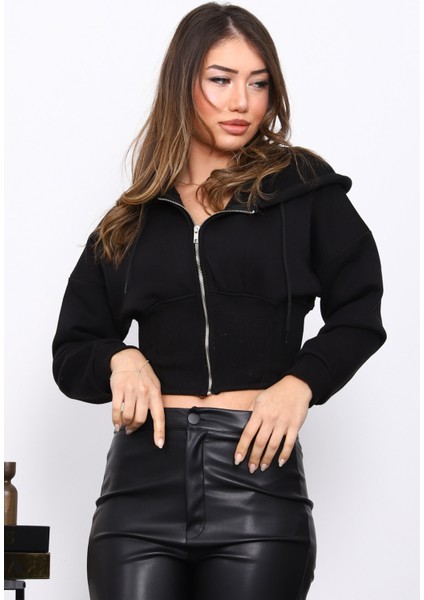 Siyah Bel Korseli Üç Iplik Fermuarlı Sweat Hırka