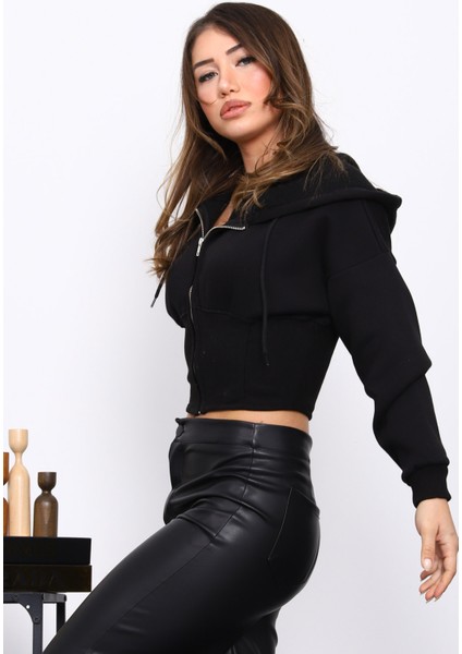 Siyah Bel Korseli Üç Iplik Fermuarlı Sweat Hırka modelleri