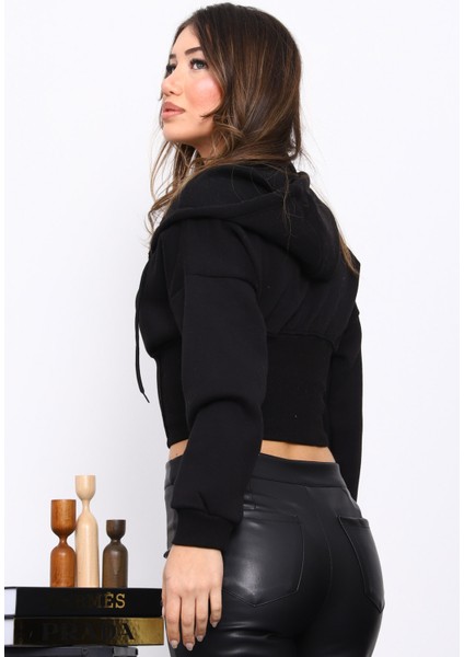 Siyah Bel Korseli Üç Iplik Fermuarlı Sweat Hırka fırsatları