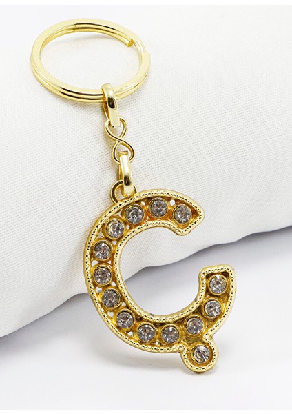Gold Renkli Parlak Taşlı Ç Harfi Anahtarlık, Hediyelik Harfli Anahtarlık