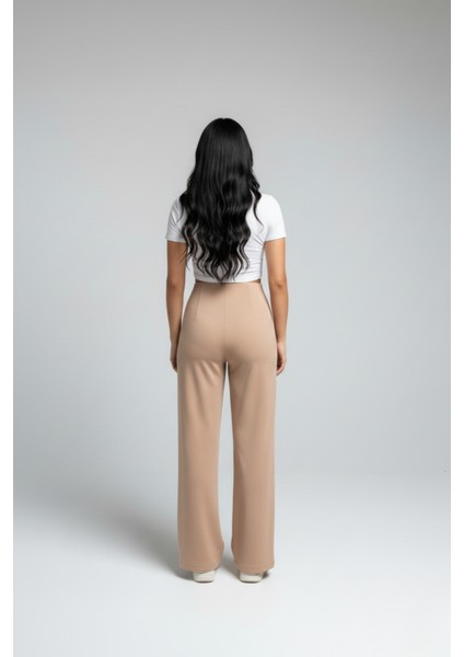Kadın Yüksek Bel Pensli Bol Paça Krep Palazzo Pantolon – Bej fırsatları