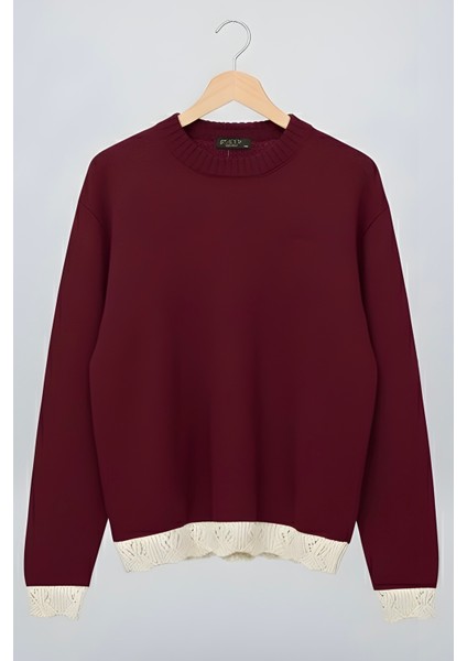 Bordo Bisiklet Yaka Kol ve Etek Ucu Güpür Detaylı Triko Kazak