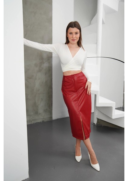 Yırtmaçlı Uzun Deri Etek Bordo modelleri