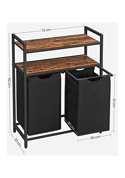 Çamaşır Sepeti, Çamaşır Kutusu, 2 Bölme, 2 Raf, Metal Çerçeve, 2 x 46 Litre, 73 x 33 x 91 Cm, Vintage Kahverengi-Siyah BLH211B01