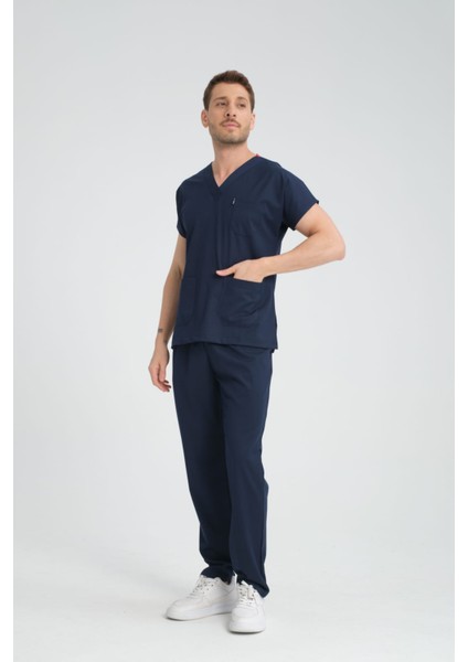 Üniforma V Yaka Lacivert Unisex Likralı Ütü Istemeyen Unisex Doktor Hemşire Scrubs Takım
