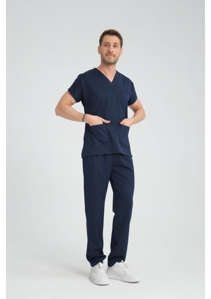 Üniforma V Yaka Lacivert Unisex Likralı Ütü Istemeyen Unisex Doktor Hemşire Scrubs Takım fiyatları