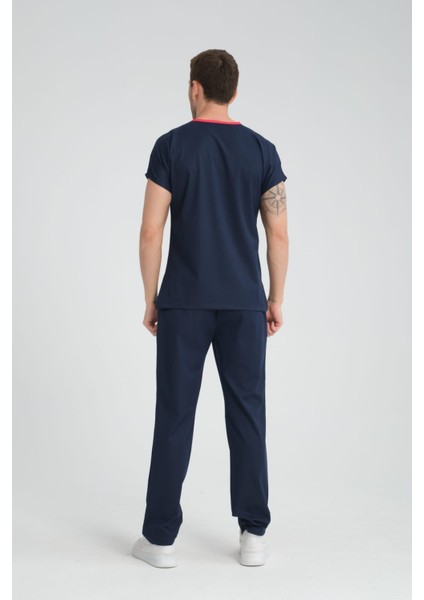 Üniforma V Yaka Lacivert Unisex Likralı Ütü Istemeyen Unisex Doktor Hemşire Scrubs Takım