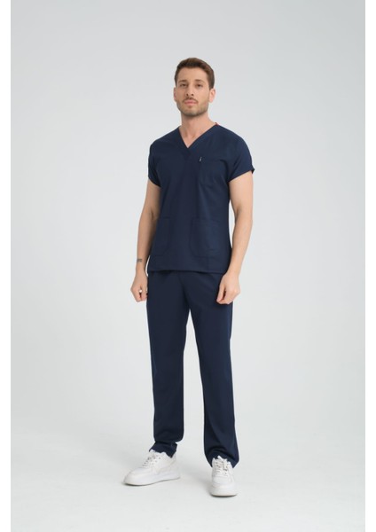 Üniforma V Yaka Lacivert Unisex Likralı Ütü Istemeyen Unisex Doktor Hemşire Scrubs Takım