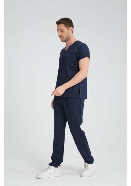 Üniforma V Yaka Lacivert Unisex Likralı Ütü Istemeyen Unisex Doktor Hemşire Scrubs Takım
