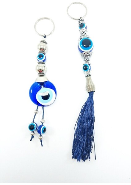 Nazar Boncuğu Anahtarlık / Dikiz Ayna Süsü Metalik Boncuklu Cam Hediyelik Aksesuar Ikili Set