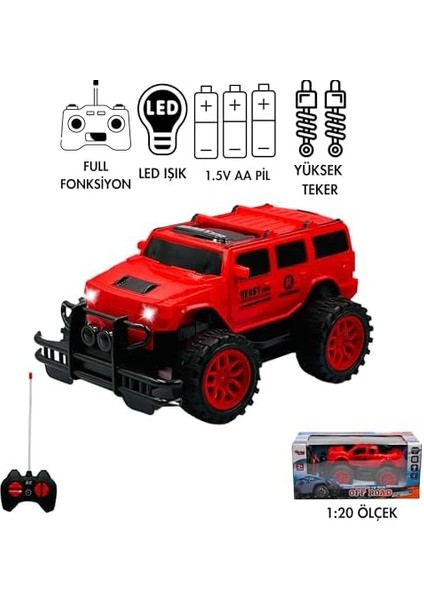Oyuncak Uzaktan Kumandalı Pilli Full Fonksiyon Işıklı Atabilen Offroad Yüksek Teker Araba Jeep, Kutulu ve Dayanıklı Malzeme (Kırmızı)