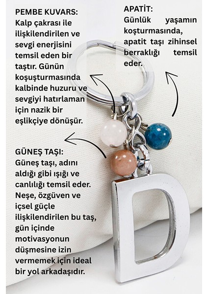Gümüş Renkli D Harfi Anahtarlık / Hediyelik Çanta Süsü Doğal Taşlar;apatit, Pembe Kuvars, Güneş Taşı