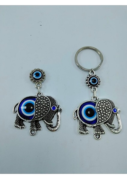 Nazar Boncuğu Anahtarlık + Magnet Metal Fil Figürlü Hediyelik Set