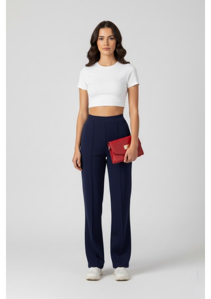 Kadın Modal Çımalı Yüksek Bel Beli Lastikli Bol Paça Pantolon - Lacivert