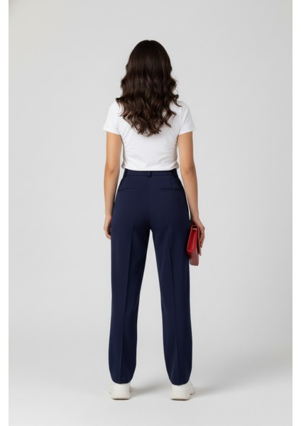 Kadın Modal Çımalı Yüksek Bel Beli Lastikli Bol Paça Pantolon - Lacivert modelleri