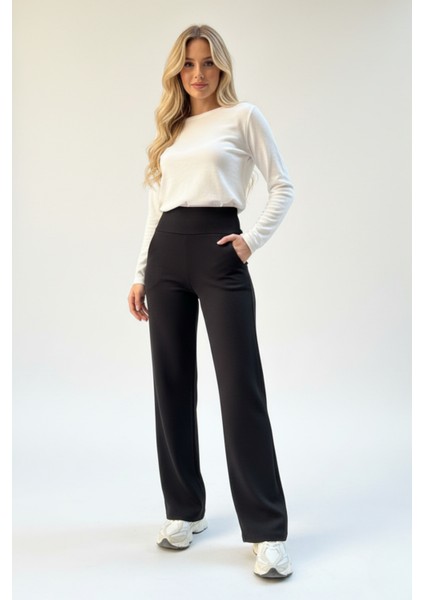 Kadın Süper Yüksek Bel Korsaj Bol Kesim Krep Pantolon – Siyah