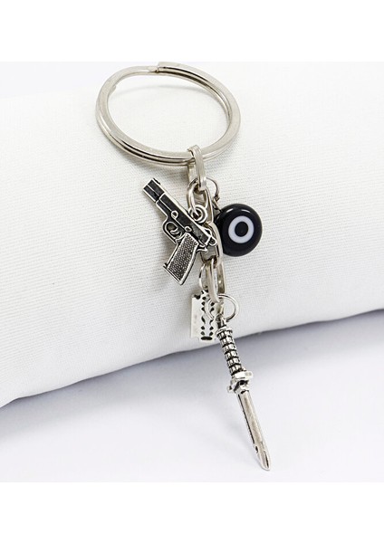 Erkek Anahtarlığı Siyah Cam Nazar Boncuğu ile Metal Anahtarlık, Hediyelik Çanta Süsü