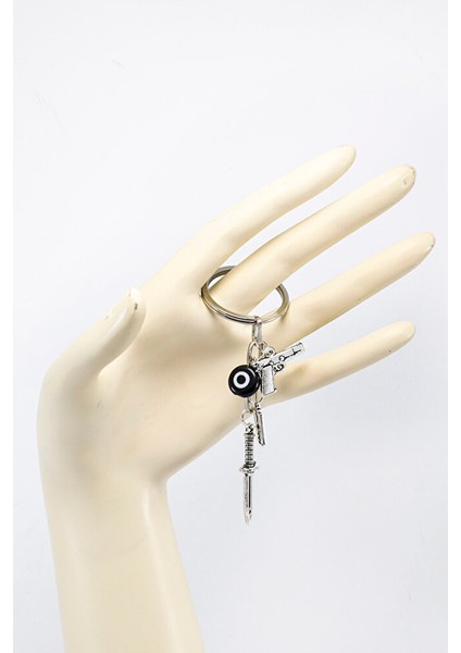 Erkek Anahtarlığı Siyah Cam Nazar Boncuğu ile Metal Anahtarlık, Hediyelik Çanta Süsü modelleri