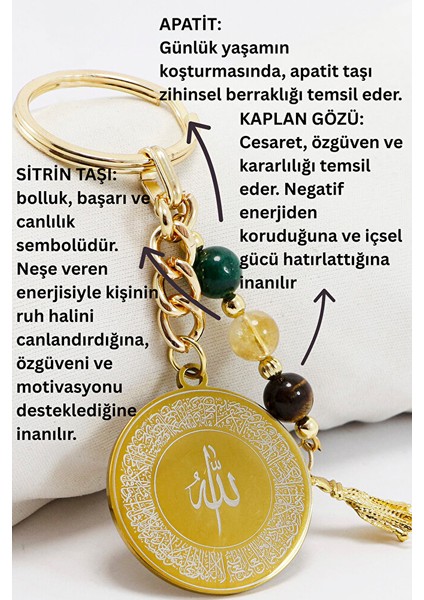Çelik Çift Taraflı Ayetel Kürsi Hat Nazar Ayeti Anahtarlık Doğal Taşlar; Apatit, Sitrin,kaplan Gözü