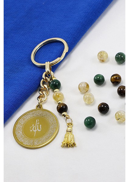 Çelik Çift Taraflı Ayetel Kürsi Hat Nazar Ayeti Anahtarlık Doğal Taşlar; Apatit, Sitrin,kaplan Gözü modelleri