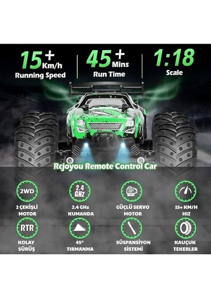 Oyuncak 2.4 Ghz Uzaktan Kumandalı Şarjlı LED Işıklı Atan 15 Km Hız Yapan Off Road Araba 45 Dk Sürüş Süresi 1200 Mah Batarya (Mavi) modelleri