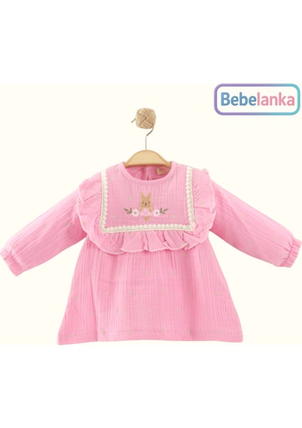 Kız Çocuk %100 Pamuk Müslin Fırfırlı Yaka Tavşan Nakışlı Uzun Kollu Elbise 418194