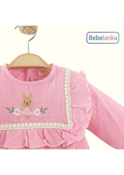Kız Çocuk %100 Pamuk Müslin Fırfırlı Yaka Tavşan Nakışlı Uzun Kollu Elbise 418194 fiyatları