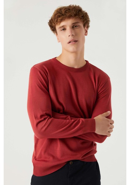 Ds Damat Regular Fit Nar Çiçeği Tüylenme Yapmayan Bisiklet Yaka Pamuklu Triko Kazak