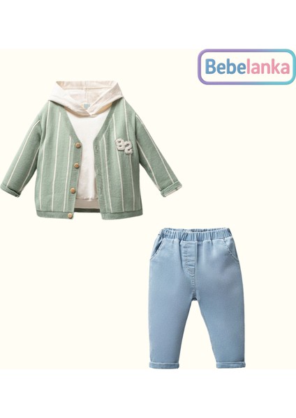 Unisex Pamuklu Çizgili Hırka Kapüşonlu Sweatshirt Pantolon 3'lü Takım 437640