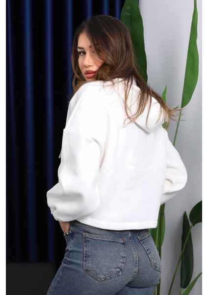 Ekru Sağ Kol Fermuarlı Cepli Üç Iplik Sweat Hırka modelleri