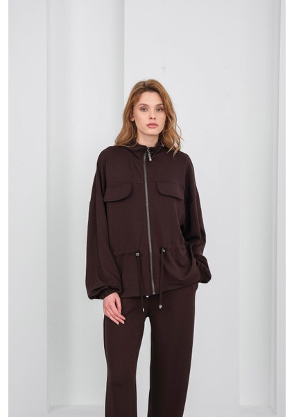 Kahve Kadın Boydan Fermuarlı Dik Yakalı Premium Modal Alt-Üst Takım modelleri