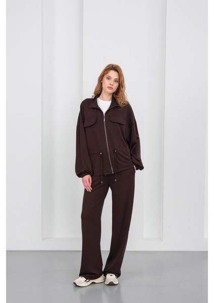 Kahve Kadın Boydan Fermuarlı Dik Yakalı Premium Modal Alt-Üst Takım fırsatları