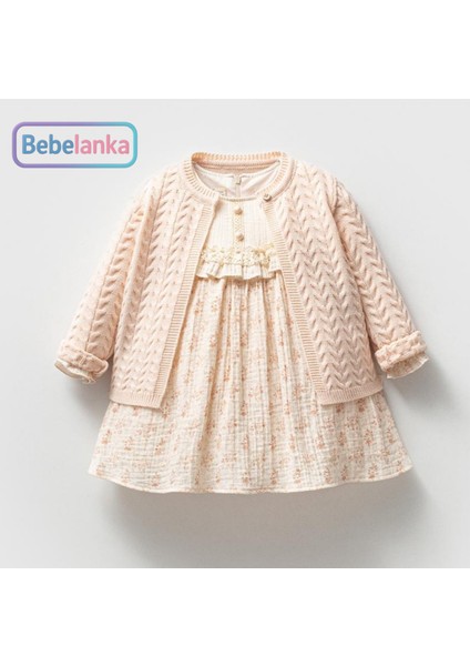 Kız Çocuk Pembe Çiçek Desenli Elbise ve Triko Hırka 2'li Takım 882805