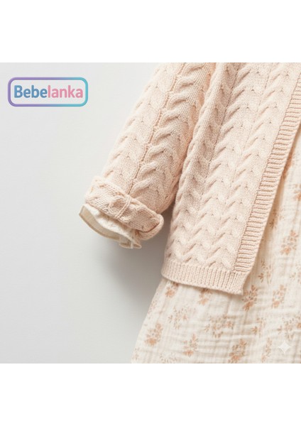 Kız Çocuk Pembe Çiçek Desenli Elbise ve Triko Hırka 2'li Takım 882805 modelleri