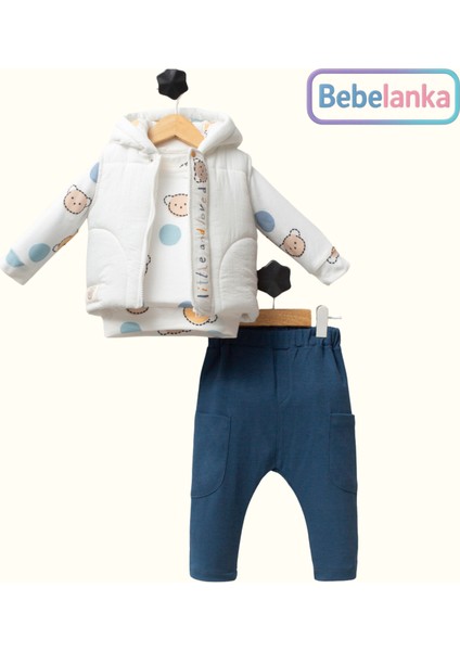 Erkek Çocuk Ayıcık Desenli Kapüşonlu Yelek, Sweatshirt ve Pantolon 3'lü Kışlık Takım 680976
